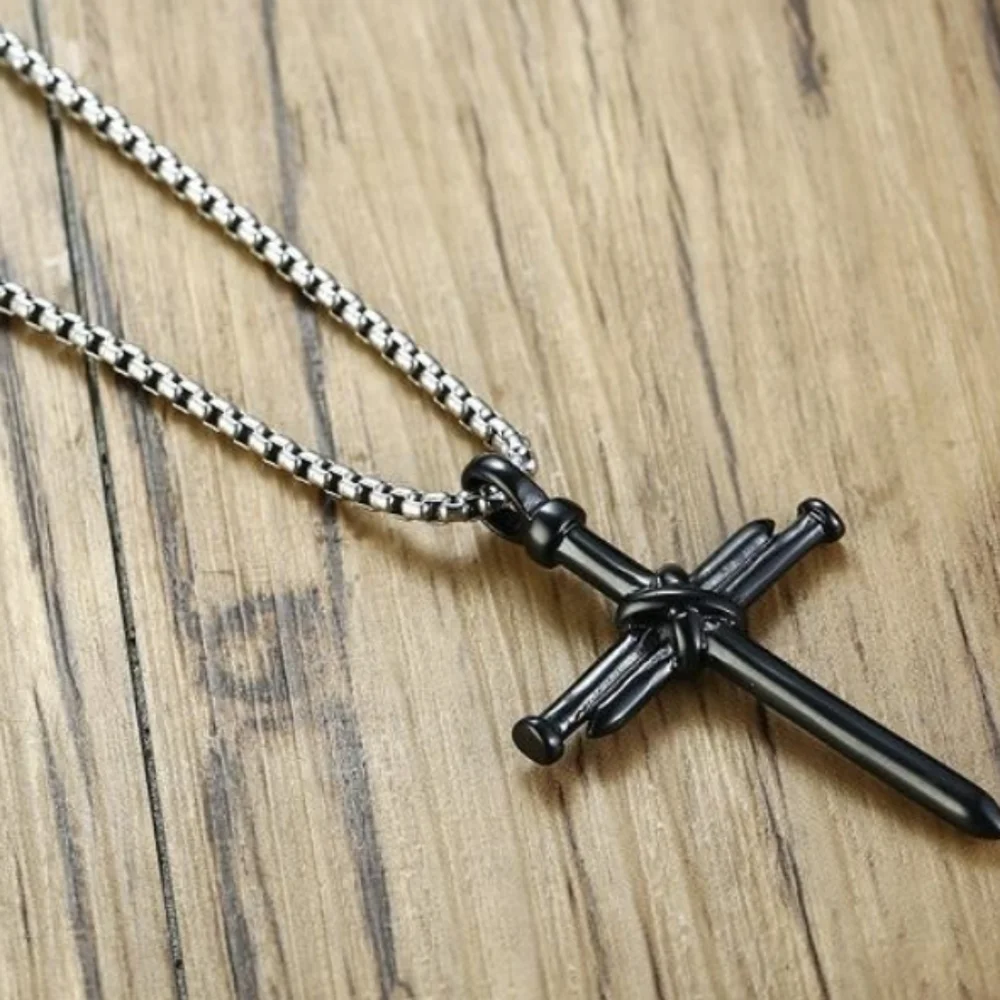 Pendant--𝅺BLACK over Stainless Steel Nails & Rope Cross pendant necklace